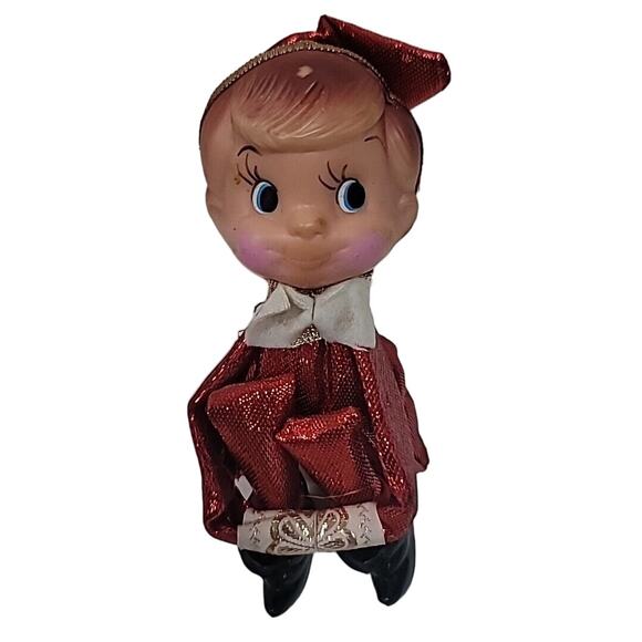 Vintage SMILING Kneehugger Red Gold Metallic Christmas Sitting Elf Ornament - Picture 1 of 5
